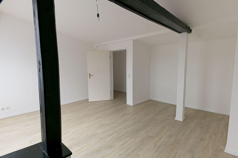 Stilvolle ruhige 3-Zi-Dachgeschosswohnung – eigene Etage, Dachbalken & Gartenmitnutzung – Wohnzimmer