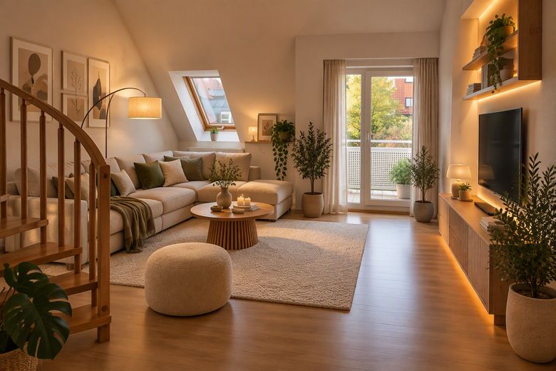 Bezugsfreie Maisonette-Wohnung nahe der Dachauer Altstadt, Erbpacht – Wohnzimmer, KI bearbeitet