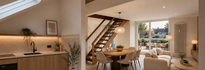 Zentral gelegene 4-Zimmer Maisonettewohnung mit 70m² Dachterrasse und Tiefgaragenstellplatz – Wohn-/Esszimmer möbliert