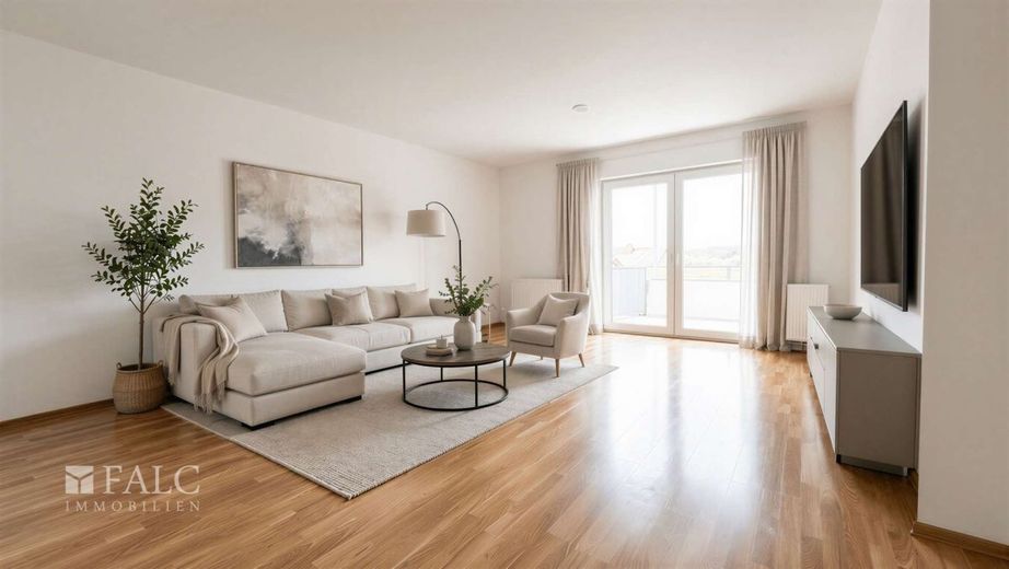 Wohnen mit Weitblick: 3 Zimmer, Balkon, 2 Stellplätze &amp; Blick ins Grüne – Wohnzimmeransicht - Gestaltungsvorschlag