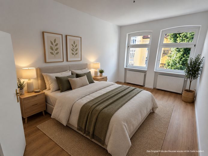 Zentrumsnahe, ruhige 2,5-Zimmer-Wohnung mit Balkon in Brühlervorstadt – Schlafzimmer (AI Illustration)