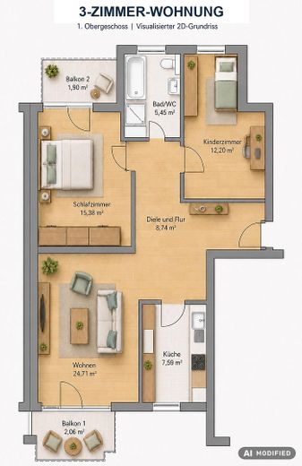 Provisionsfrei & erbpachtfrei: Helle 3-Zimmer-Wohnung mit zwei Balkonen im Frankfurter Bogen – KI-visualisierter Grundriss