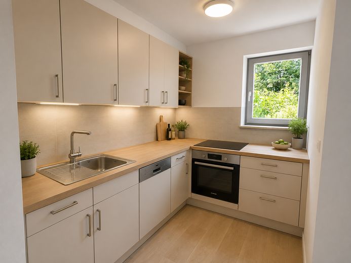 Erstbezug nach Sanierung – 3-Raum-Wohnung mit Terrasse & Garten – KI-Visualisierung Küche