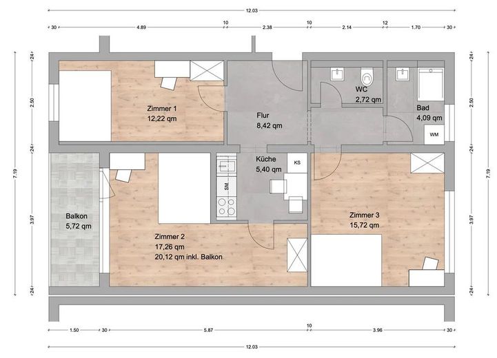 Möbliertes stylisches 20 m² Zimmer mit Balkon in guter Lage – Grundriss