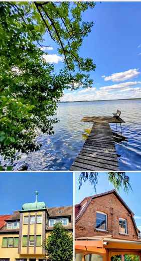 2 HÄUSER AM SEE: Stadtvilla+Cottage, Seezugang m. Bootssteg, Garten, Terrasse, Ferienwohnung – Bootssteg+Turmhaus+Cottage