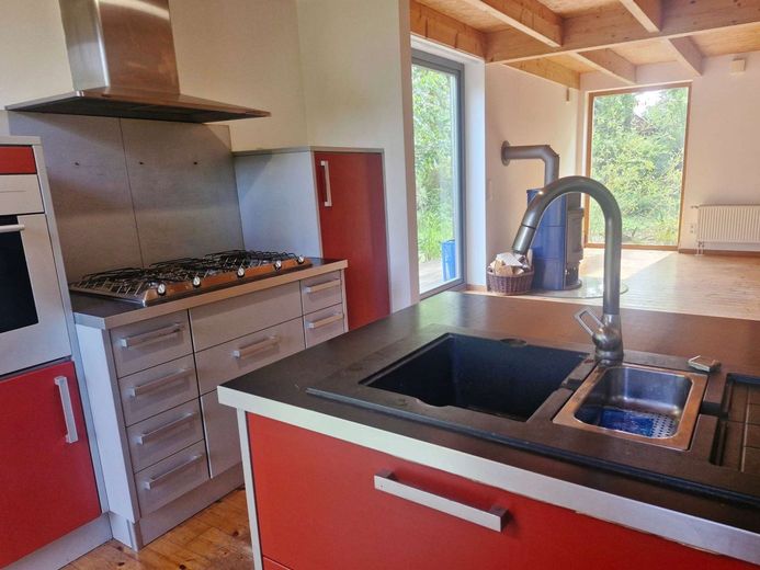 Zwischen Wasser und Wald - ein nachhaltiges Zuhause mit Seele – Moderne Küche mit Gartenblick
