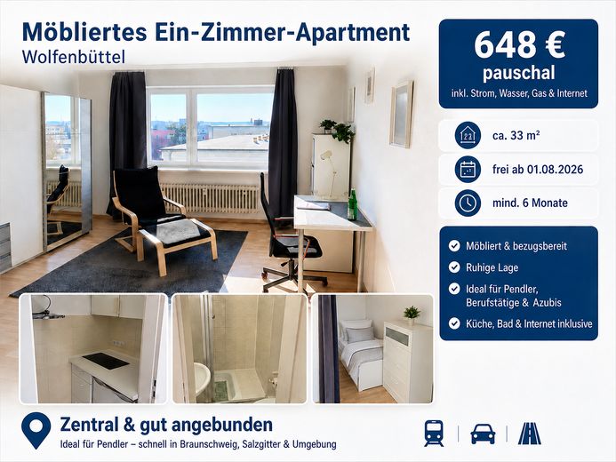 Furnished 1-room apartment in Wolfenbüttel | €648 flat-rate rent – Möbliertes 1 Zimmer Apartment 