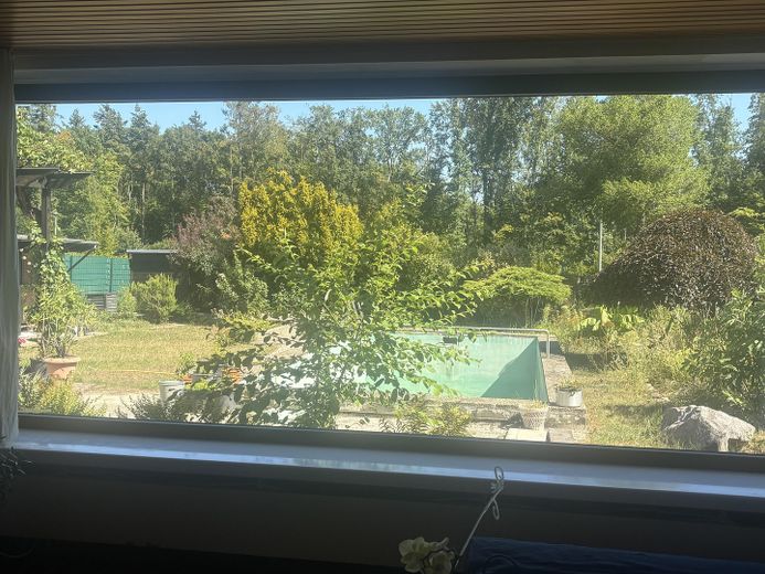 Traumhaftes Zweifamilienhaus mit Garten, Waldblick, Pool, Sauna & Mieteinnahmen – EG Wohnzimmeraussicht