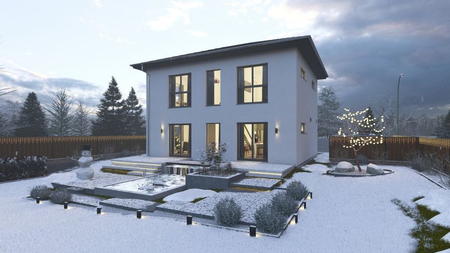 MODERNES WOHNHAUS MIT ELEGANTEM WALMDACH – Ansicht Garten