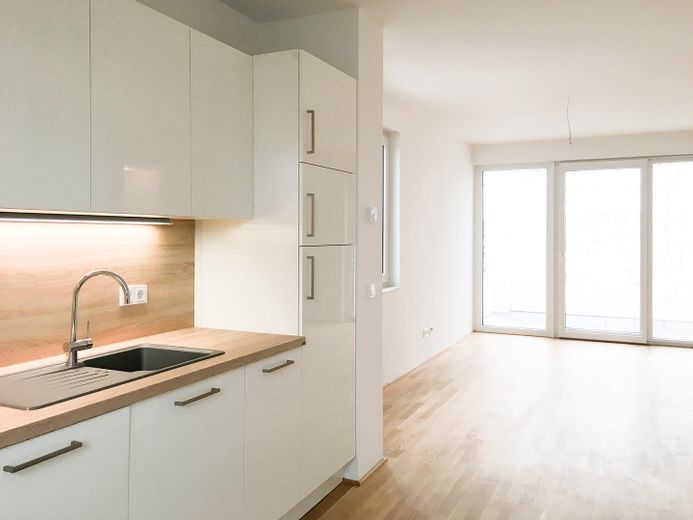 Skyline manzaralı, kapalı balkonlu, ankastre mutfaklı ve kapalı otoparklı aydınlık 2 odalı daire, Frankfurt-Riedberg – Küche, Wohn- Essbereich