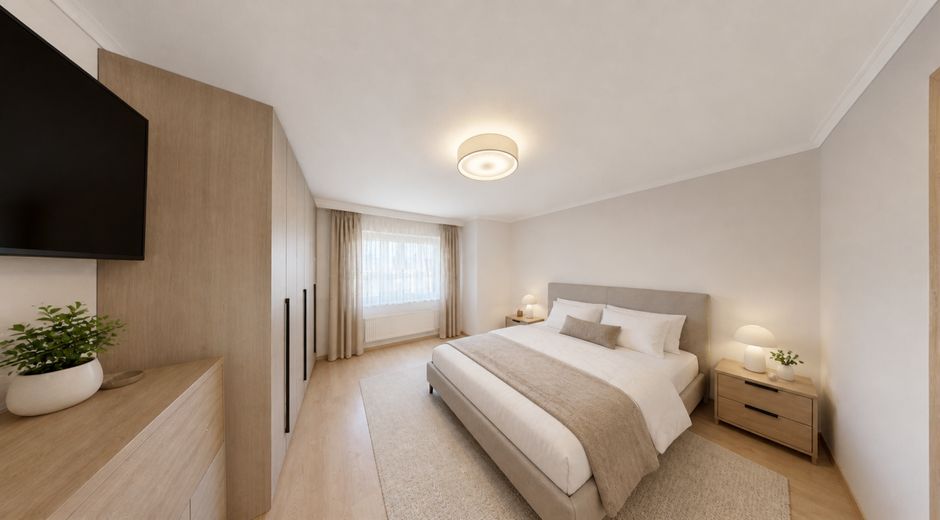 Familienhaus mit 162 m², Wintergarten und Garten in zentraler Lage von Burg bei Magdeburg – Schlafzimmer Gartenseite links Visualisierung (virtuell eingerichtet)