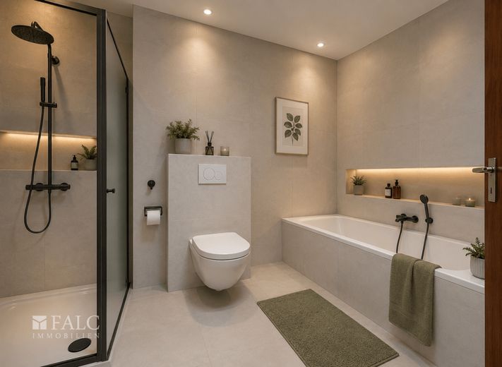 Bungalow mit Garten in ruhiger Wohnlage von Dorsten-Hardt – Badezimmer (KI-Generiert)