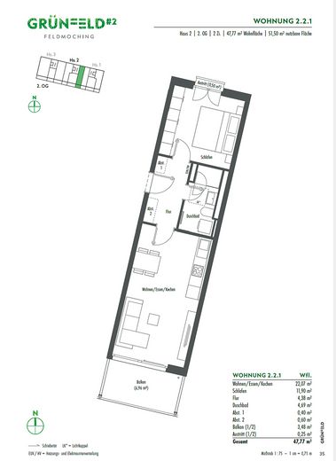 Neubau 2-Zi-WHG in Feldmoching möbliert und mit Balkon, Erstbezug – Grundriss