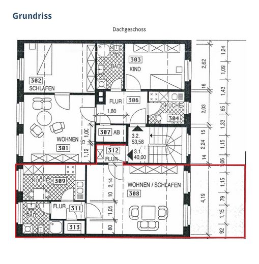 1-Zimmer-Dachgeschosswohnung mit Balkon und neuer Einbauküche – Grundriss