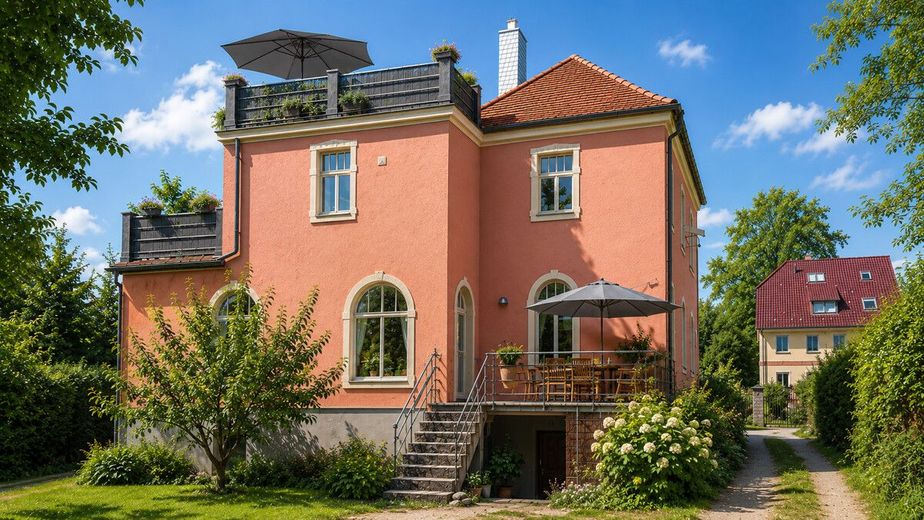 PROVISIONSFREI|Repräsentative Stadtvilla mit 3 Wohneinheiten, Dachterrasse &amp; Parkgrundstück – Rückseite