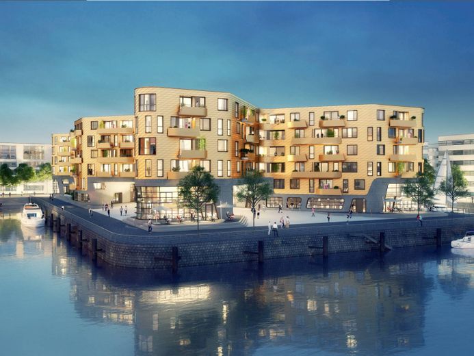 **Hochwertige 3-Zi.-Neubauwhg. mit EBK, 2 Bädern, Balkon und Rheinblick, direkt am Zollhafen** – Visualisierung Wohnquartier