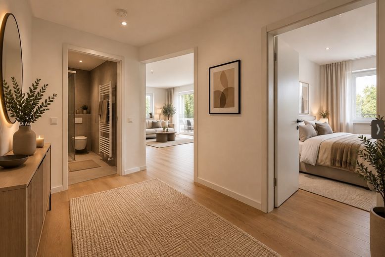 Appartamento bilocale completamente ristrutturato con ampia terrazza in posizione tranquilla! – KI generiert