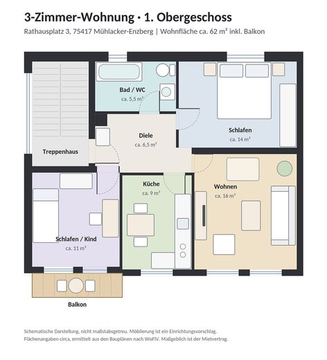 Appartement lumineux de 3 pièces avec balcon sur la Rathausplatz – Schematischer Grundriss