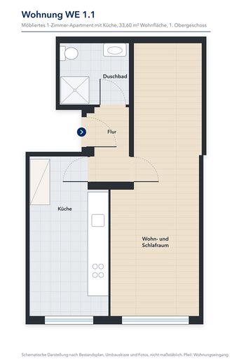 Furnished 1-room apartment for rent in Vechta (WE 1.1) – Grundriss, nicht maßstäblich