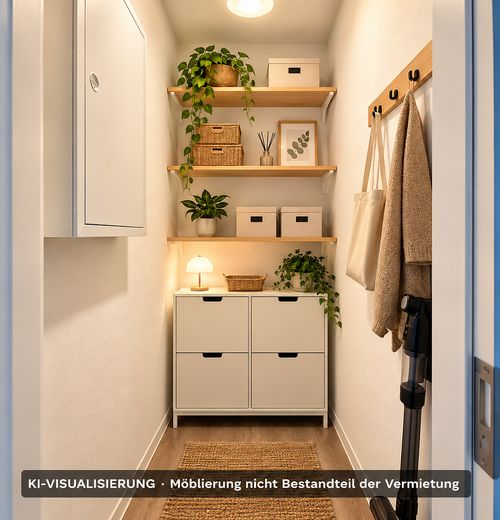 Wonen met geschiedenis & uitzicht op groen – gemoderniseerd 2-kamerappartement met balkon en uitzicht op de klokkentoren – Abstellraum-KI-Visualisierung
