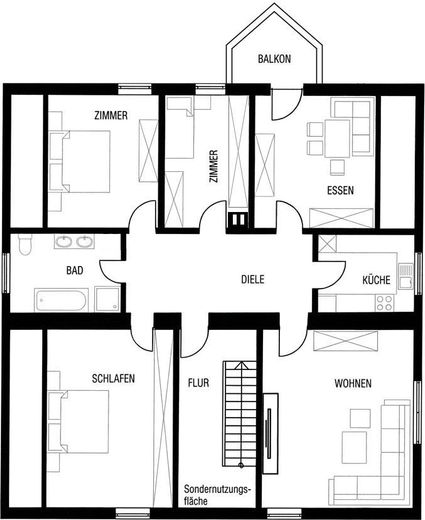 Renovierte 5-Zimmer-Dachgeschosswohnung mit Balkon, Garage und Effizienzklasse A+ – provisionsfrei – Grundriss (nicht maßstäblich)