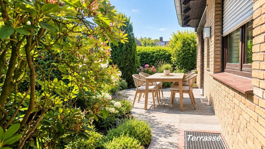 Sans commission – sans agent immobilier | Un espace modulable avec jardin idyllique à 5 km de la mer – Terrasse