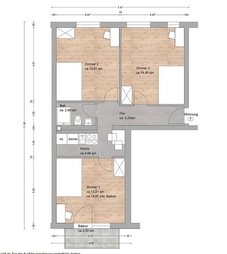 Möbliertes WG-Zimmer ab sofort verfügbar / Stadelheimer Straße 23, München / WE7 / Zi.1 – Grundriss