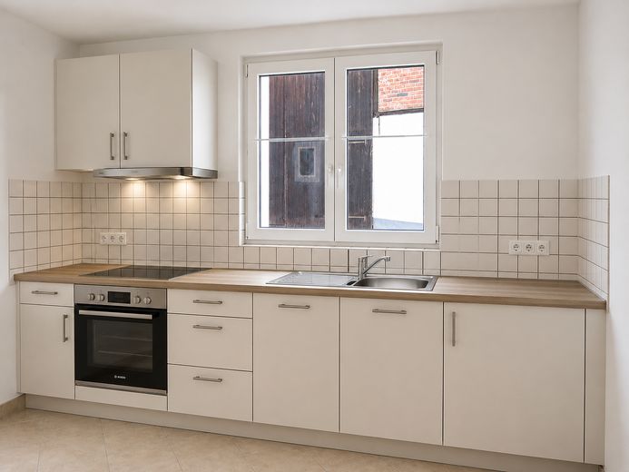 Wohnhaus mit großem Innenhof, Scheune und Nebengebäuden – KI-Bild Küche