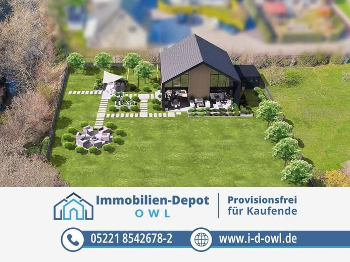 Seltene Chance: Großzügiges Baugrundstück mit Werre-Zugang in Top-Lage von Schötmar – Luftaufn. mit Visualisierung einer mgl. Bebauung (mit Logo)