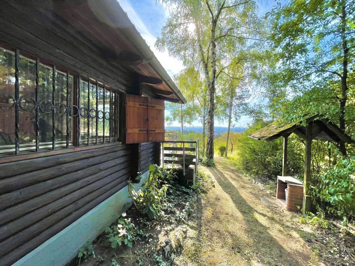 Herrlicher Ausblick in Dörfleins - Freizeitgrundstück mit massiver Blockhütte – Hausansicht mit überdachtem Grillplatz