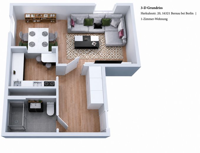 Helle 1-Zimmer-Wohnung frisch renoviert in Bernau bei Berlin – 3-D-Grundriss