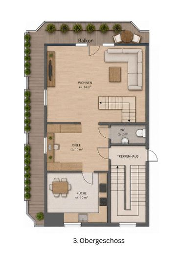 +++RESERVIERT+++ Maisonette-Wohnung mit großem Sonnenbalkon inkl. Tiefgarage in Oberhausen-Alsfeld – Grundriss 3. OG