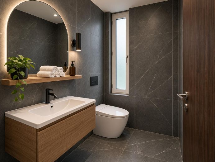 Bungalow de arquitecto con piscina cubierta en Limburgerhof – Gäste-WC KI