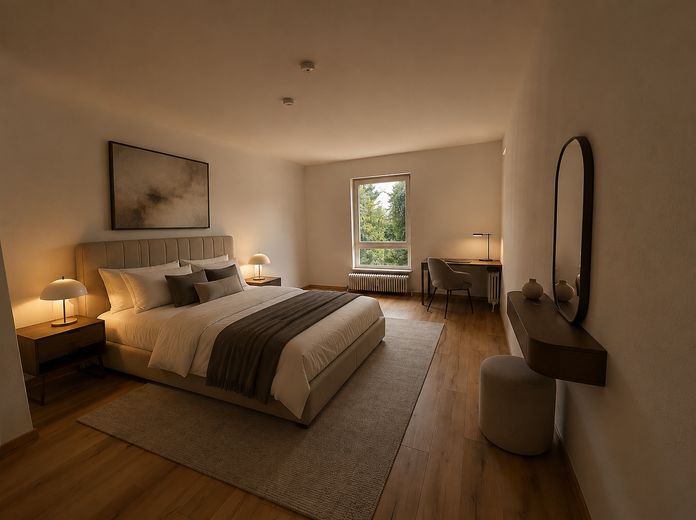 Helle 2-Zimmer-Wohnung in Kornwestheim | Terrasse, Garten, TG, renoviert & E-Rollläden – Schlafzimmer – Einrichtungsbei