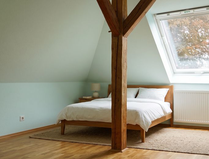 Charme historique. Confort de vie moderne. Un chez-soi avec du caractère. – Schlafzimmer 2 möbliert (KI)