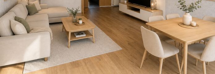 4-Zimmer-Erdgeschosswohnung mit Balkon, Garage und Gartennutzung in ruhiger Lage, Haibach – Wohnzimmer - Virtuell möbliert