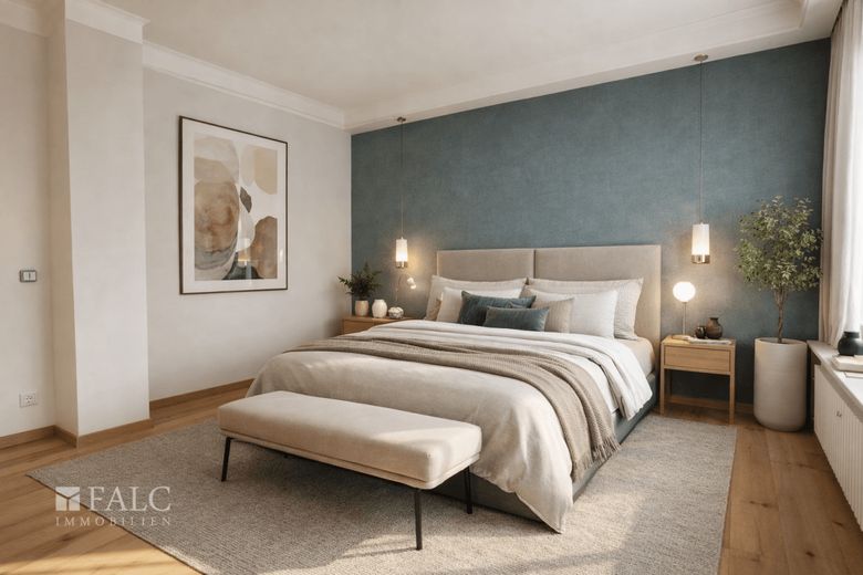 Exklusive Penthouse-Wohnung mit großzügiger Dachterrasse und Bergpanorama – Einrichtungsbeispiel Schlafzimmer