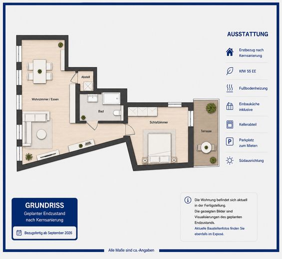Erstbezug nach Kernsanierung | KfW55 EE | 61 m² | EG | Bahnhof 2 Min. | Bezugsfertig 10/2026 – Grundriss