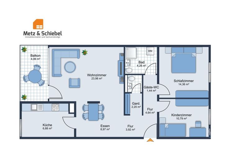 Direkt einziehen und wohlfühlen: helle 3-Zimmer-Wohnung mit Südbalkon und Tiefgarage, WI Nordenstadt – Grundriss