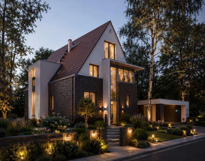 Casa dentro de una casa en Kleinmachnow – residencia ajardinada de 275 m² – Hausansicht am Abend