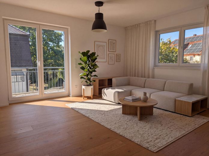 Moderno appartamento di 2 locali con ampio balcone e posto auto in garage sotterraneo a Monaco-Obermenzing – senza commissioni – Wohnbereich (VS)