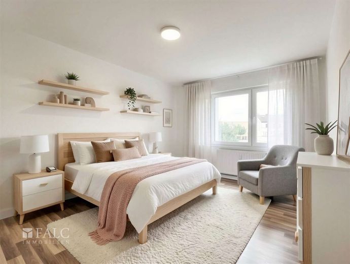 Charmante Stadtwohnung mit Balkon im Herzen von Duisburg-Ruhrort – Schlafzimmer - (digital gestaged)