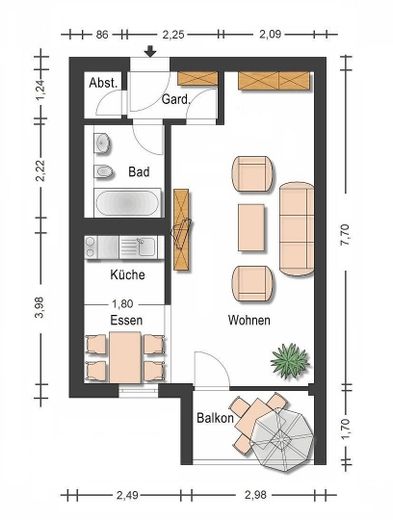 Appartamento affittato di 1,5 locali con balcone sull’Ulm Kuhberg – Grundriss