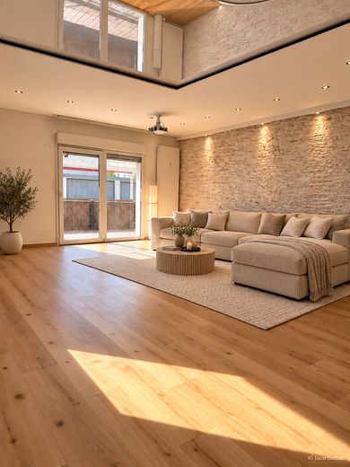 Komisyonsuz: Teraslı, konut amaçlı kullanılan bodrum katı ve hobi/sinema odalı 3,5 oda – Wohnzimmer Steinwand mit Möbel