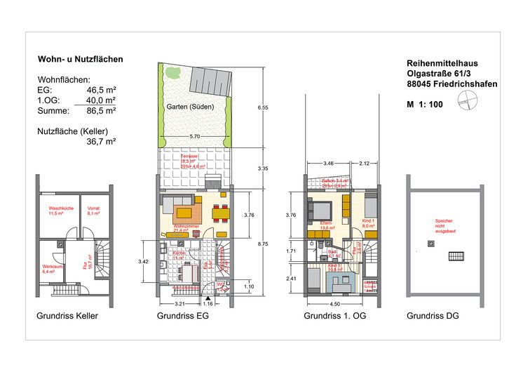 Reihenmittelhaus sehr zentral in Friedrichshafen 600 m vom Bodensee – Grundrisse