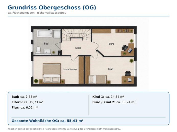 Bez prowizji: Nowoczesny środkowy dom szeregowy (rok budowy 2019) o powierzchni 163 m², z ogrodem, studiem i tarasem na dachu – Grundriss OG