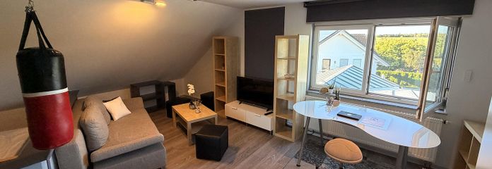 Attic apartment in a quiet peripheral location with a parking space in front of the house – optionally furnished – – Geräumiger Wohnraum