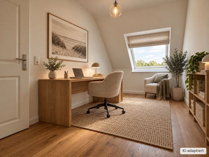 Etagen-Wohnung mit Reihenhaus-Charakter: kernsaniert, hell, Top-Schnitt, gut angebunden & im Grünen – Büro-Einrichtungsbeispiel_KI