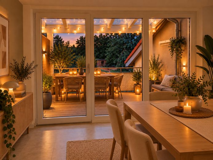 Per proprietari e investitori: ristrutturato di recente con balcone coperto e vista libera sul verde – Essen mit Blick auf den Balkon
