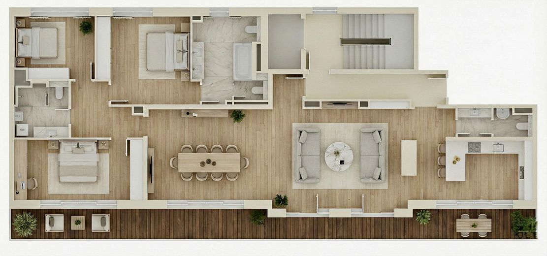 H9-Penthouse 1 → Luxuriöses Penthouse mit Dachterrasse und Panoramablick – Grundriss Einrichtungsbeispiel